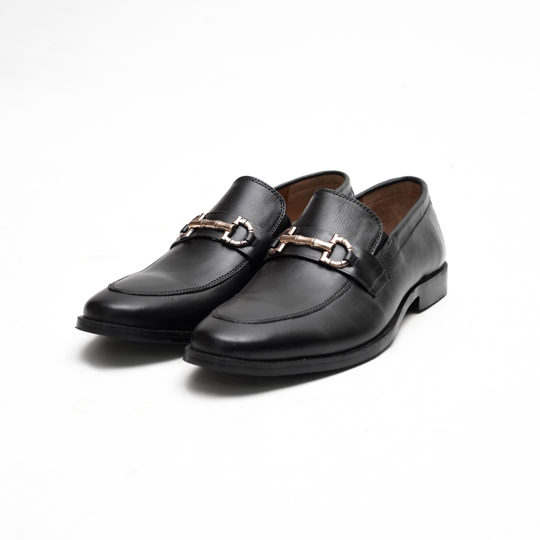 CLASSIC BLACK CALF LEATHER ROSE GOLD TONE HORSEBIT LOAFERS