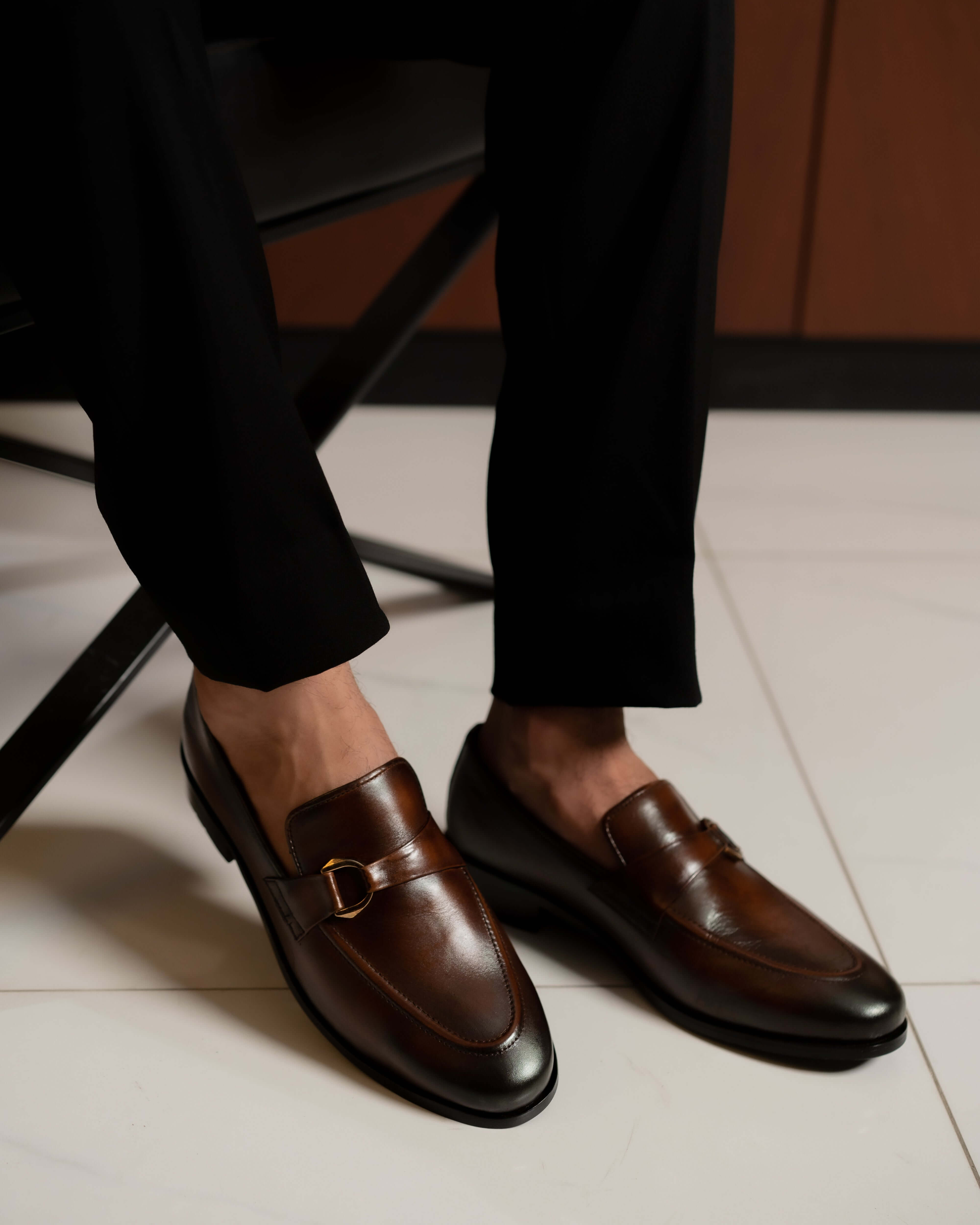 RICH BROWN CALF LEATHER MONK STRAP LOAFERS