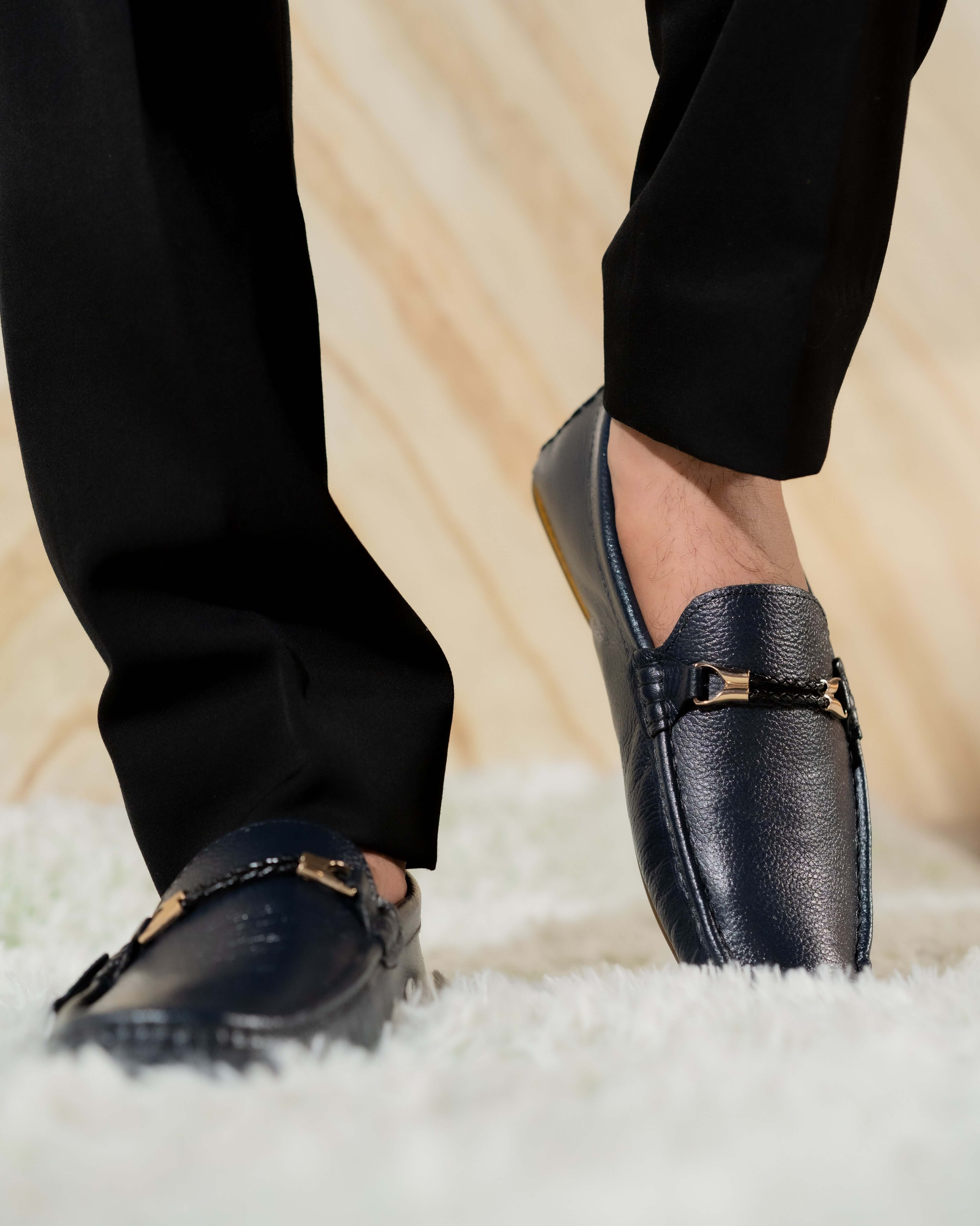 CLASSIC NAVY BUE CALF LEATHER MOCCASIN PENNY LOAFER (DECORATIVE STRAP)