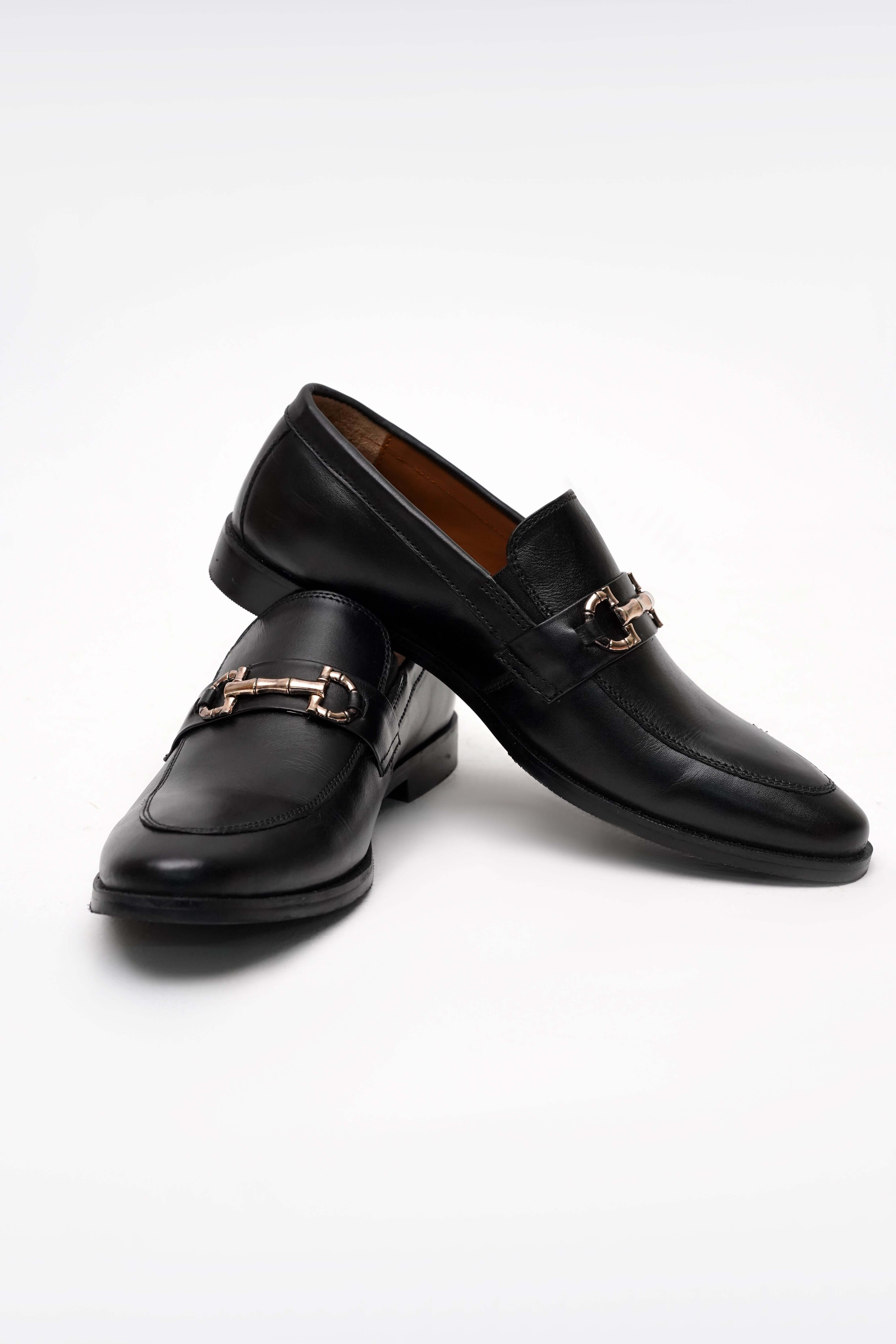 CLASSIC BLACK CALF LEATHER ROSE GOLD TONE HORSEBIT LOAFERS