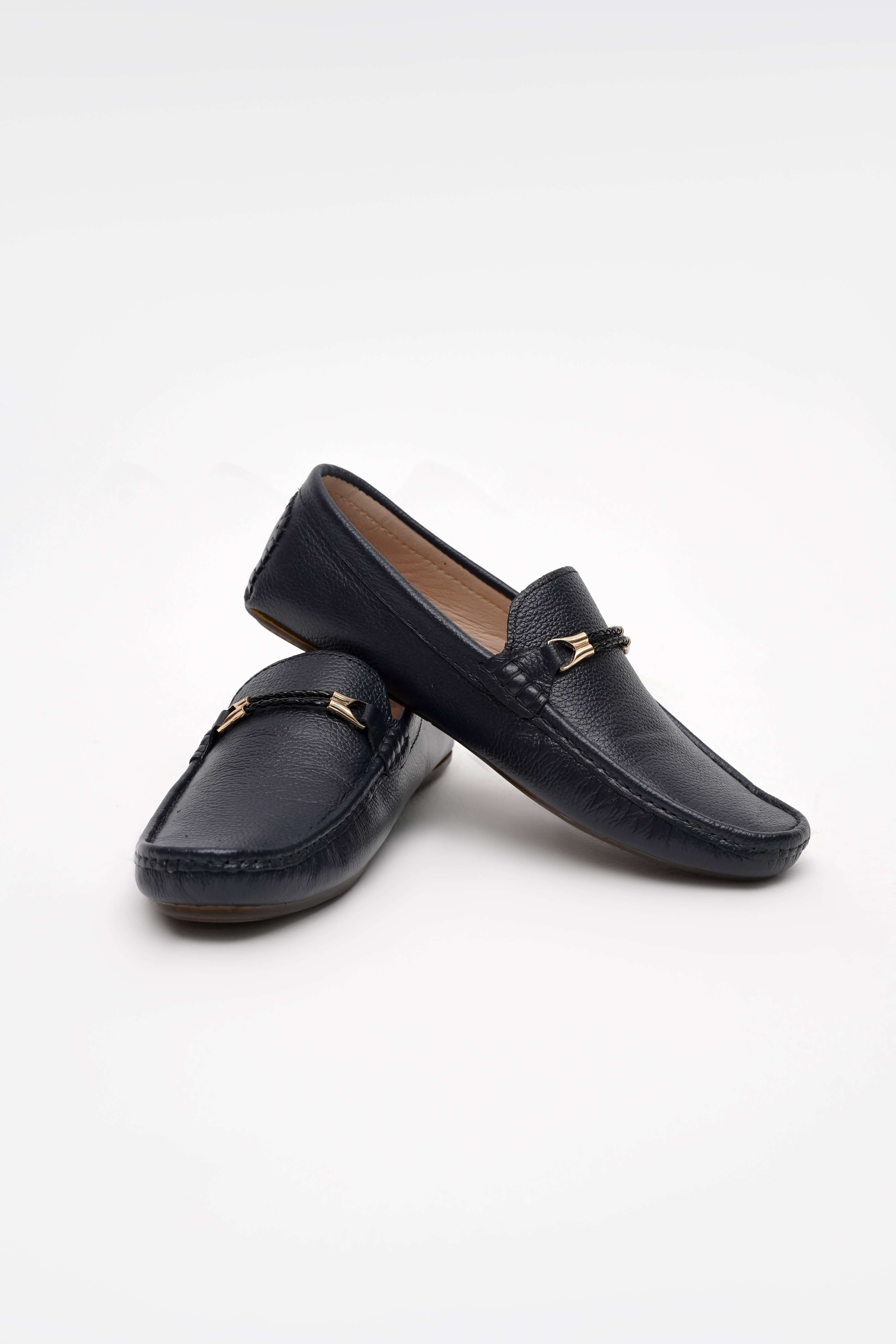 CLASSIC NAVY BUE CALF LEATHER MOCCASIN PENNY LOAFER (DECORATIVE STRAP)