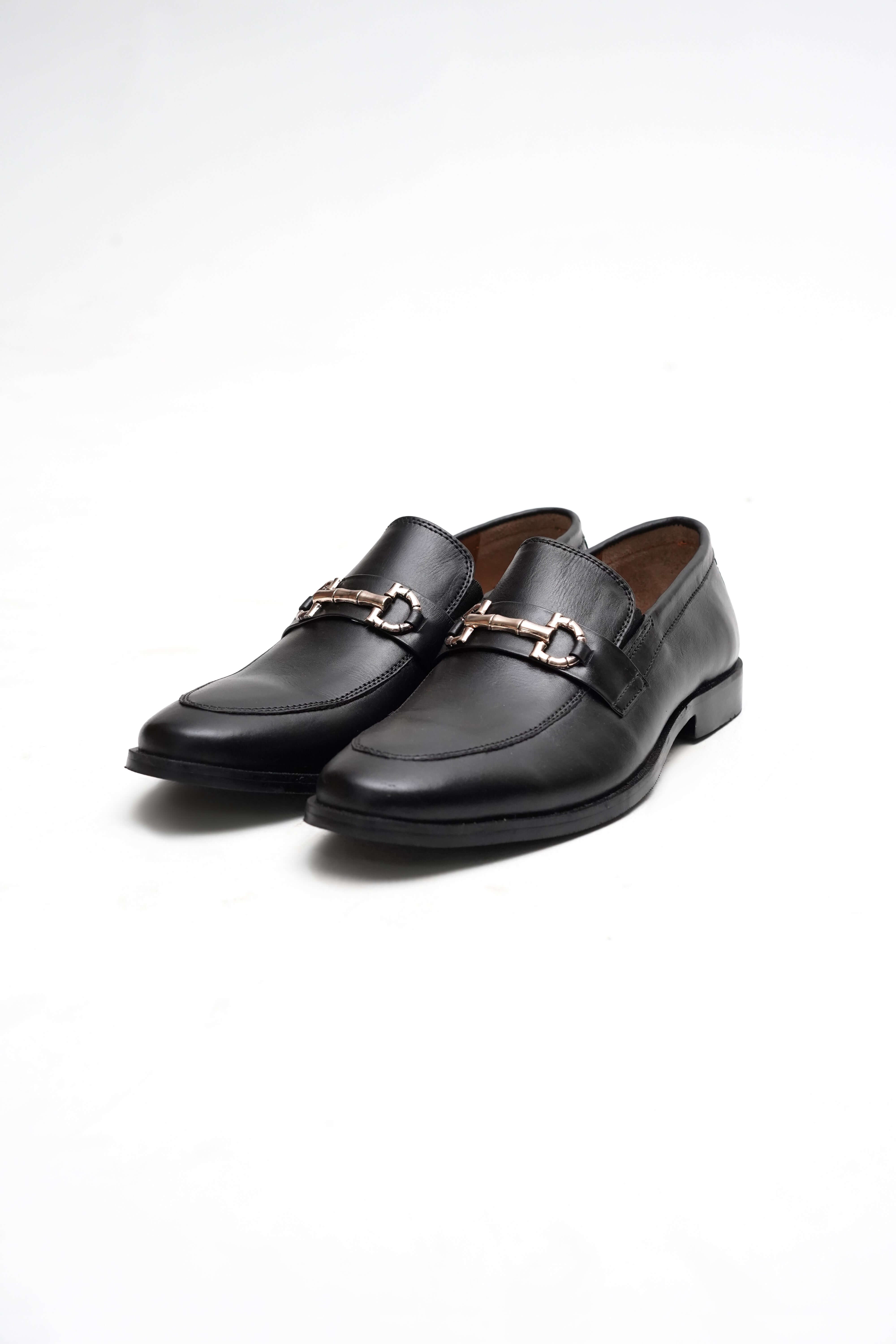 CLASSIC BLACK CALF LEATHER ROSE GOLD TONE HORSEBIT LOAFERS