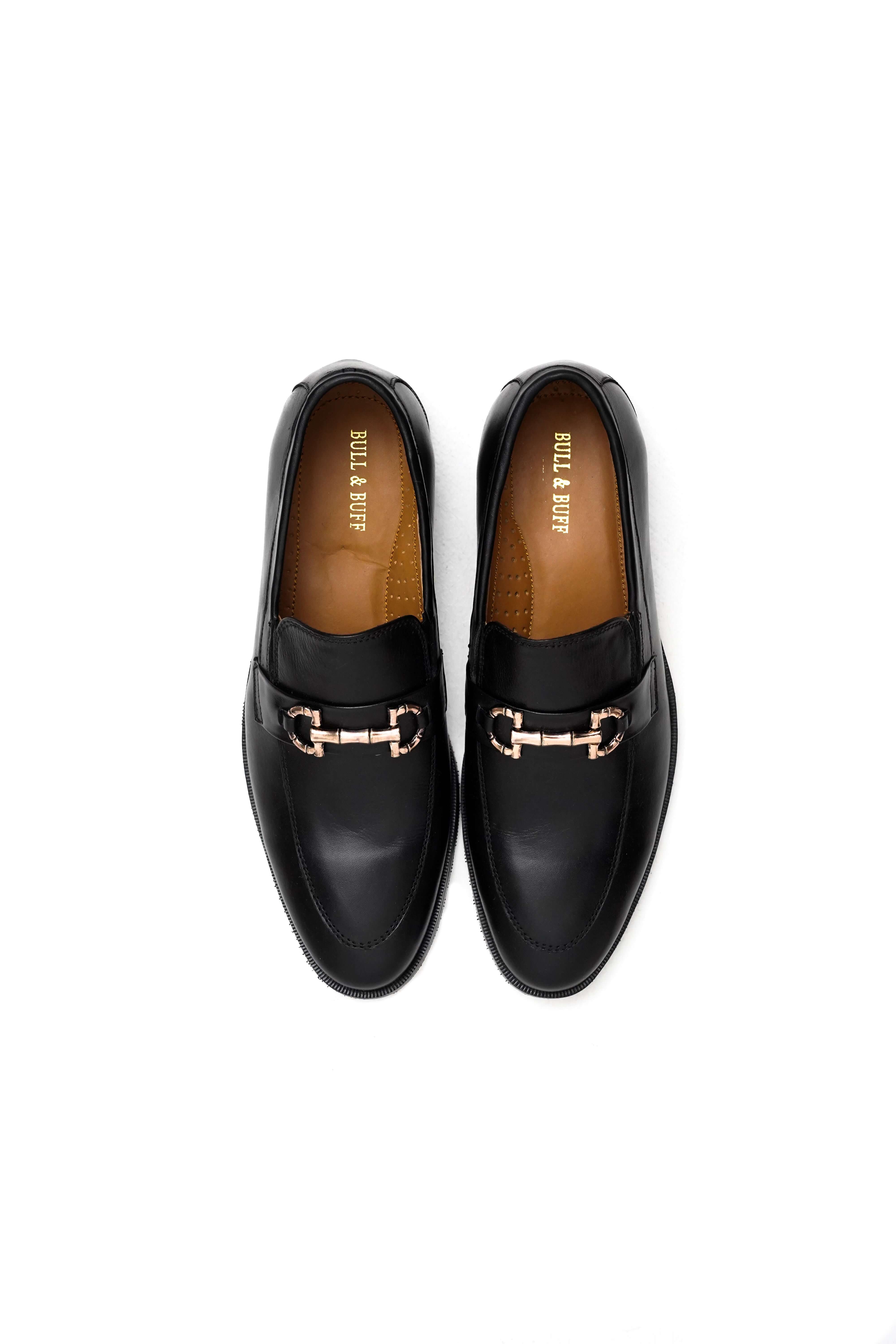 CLASSIC BLACK CALF LEATHER ROSE GOLD TONE HORSEBIT LOAFERS