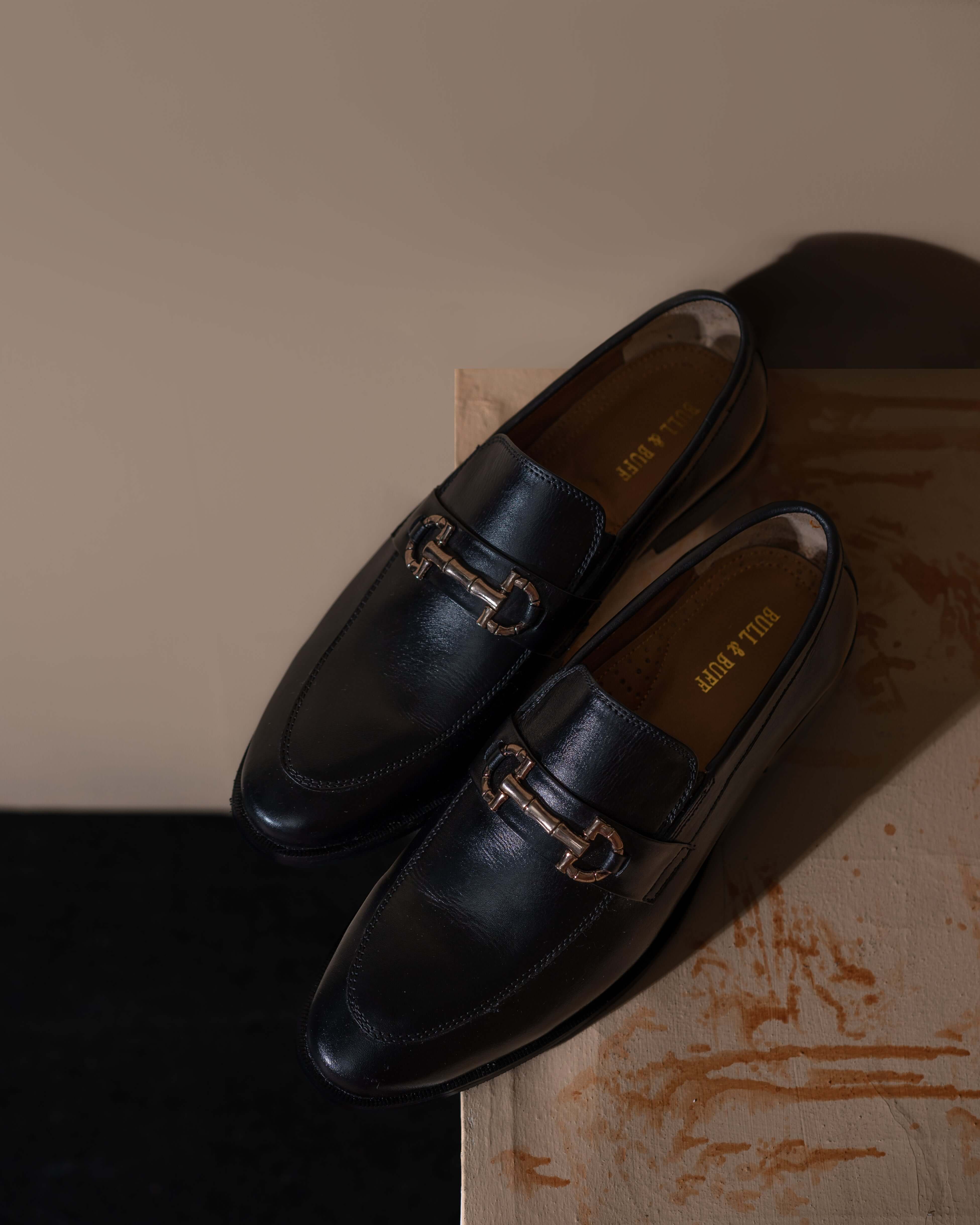 CLASSIC BLACK CALF LEATHER ROSE GOLD TONE HORSEBIT LOAFERS