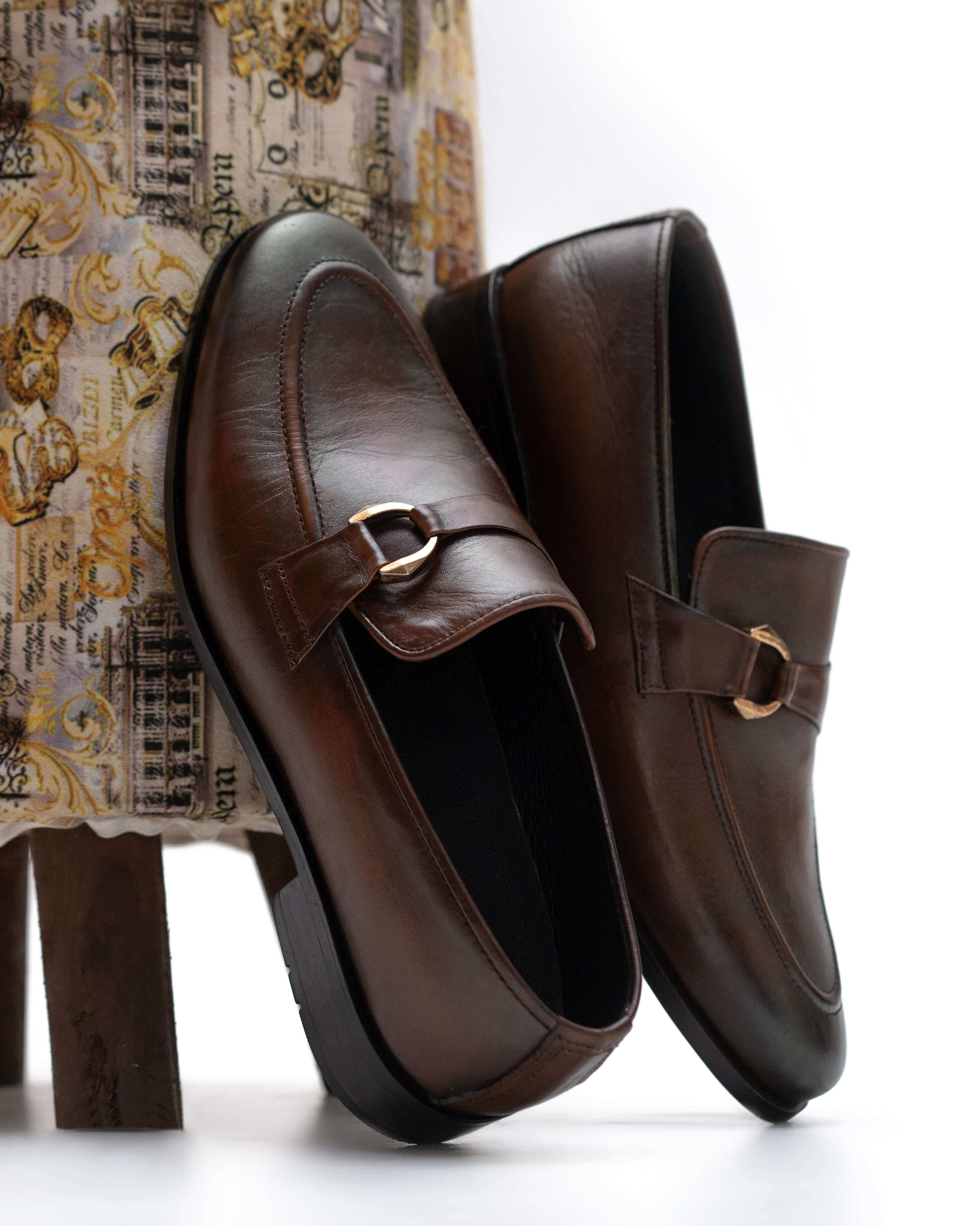 RICH BROWN CALF LEATHER MONK STRAP LOAFERS